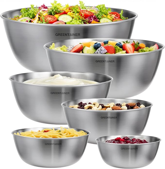Greentainer Stainless Steel Mixing Bowls Set of 6, Nesting Bowls with Measurement Markings, 7.6 to 0.8 Qt for Baking, Prepping, Cooking and Serving Food, Large Metal Kitchen Bowls Dishwasher Safe by Greentainer