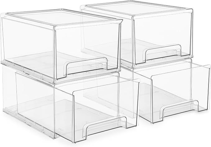 Sorbus Plastic Storage Bins Stackable Clear Pantry Organizer Box Bin for Organizing Kitchen Fridge, Food, Snack Pantry, Fruit, Vegetables, Bathroom, Wide & Narrow Deep (4 Pack) by Sorbus