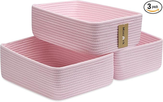 MiniArk Large Shallow Organizing Baskets 15x11x5.1 Inches - Rope Woven Storage Bins for Bathroom, Shelves, Cube Closet, Light Pink 3 Packs by MiniArkStorageBasketsHome