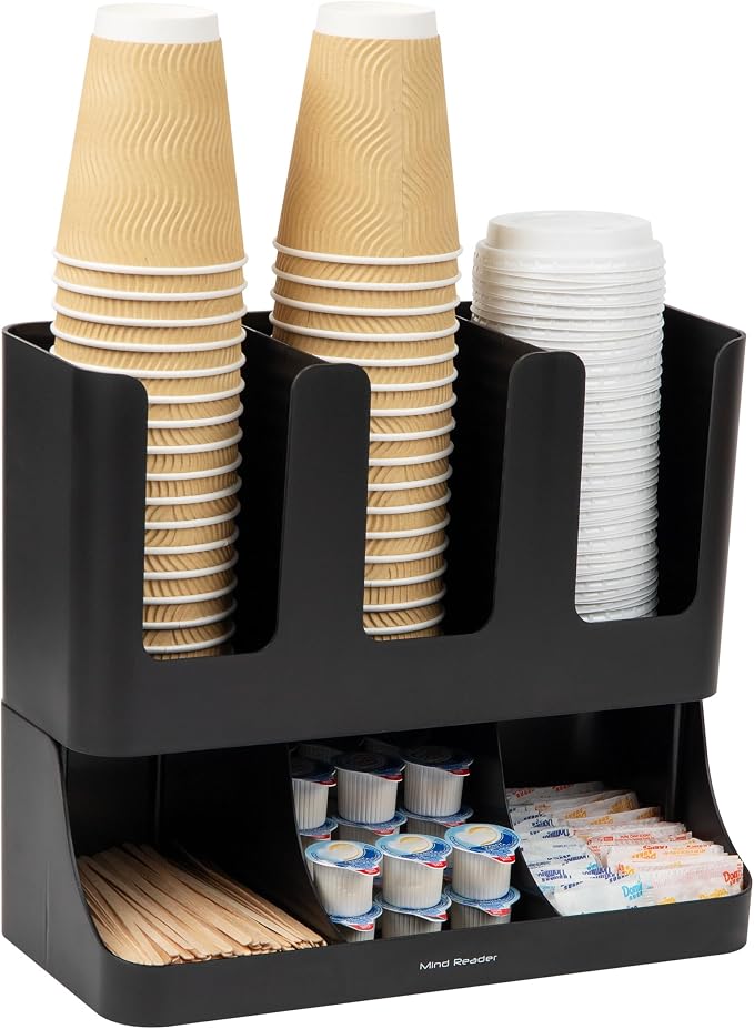 Mind Reader Condiment Station, 13 Inch Countertop Coffee Bar Organizer with 6 Compartments, Storage Caddy for Cups, Lids and Packets, Plastic, Black by MindReader