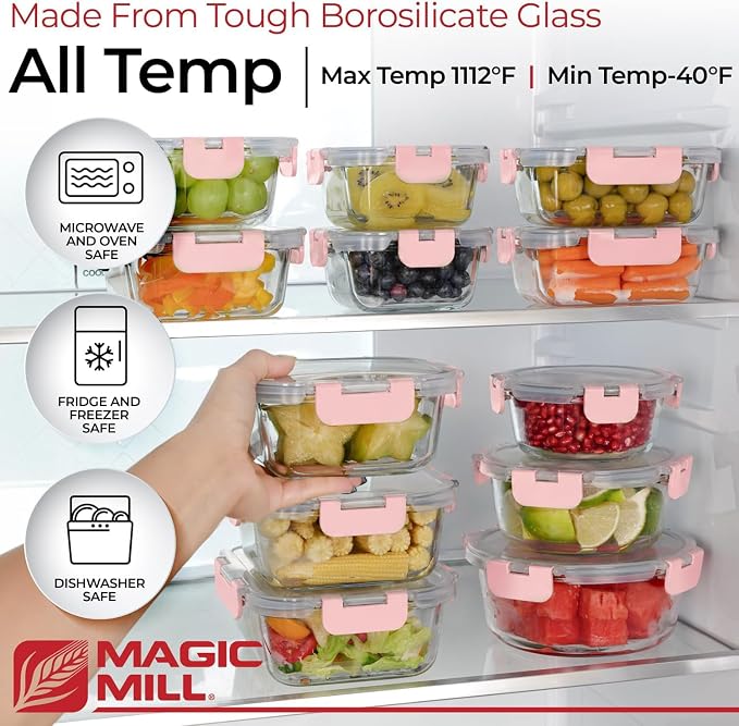 Magic Mill Premium Borosilicate Glass Food Storage Containers with lids Set | 24pc Sets with 12 Bowls & 12 Airtight Locking Lids for Lunch & Meal Prep, Safe for Oven, Freezer, Dishwasher, BPA-Free - Image 4