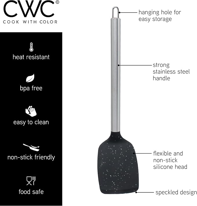 COOK WITH COLOR Silicone Cooking Utensils, Kitchen Utensil Set, Easy to Clean Silicone Kitchen Utensils, Cooking Utensils for Nonstick Cookware, Kitchen Gadgets Set, 5 Pieces, Speckled Black - Image 6