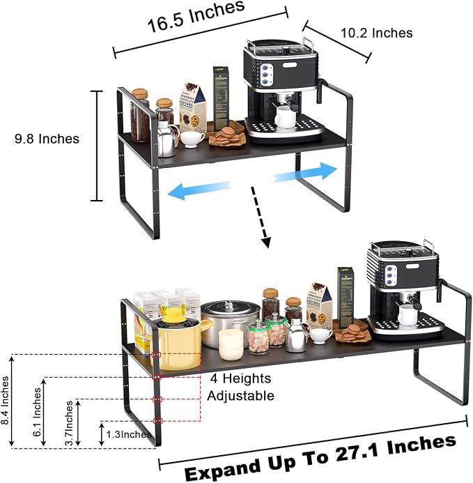 Expandable Kitchen Cabinet Shelf Organizers 2 Pack, Stackable Metal Pantry Storage Shelves Rack, Adjustable Counter Shelf for Cabinets, Countertop, Cupboard Organizers and Storage, Black - Image 2