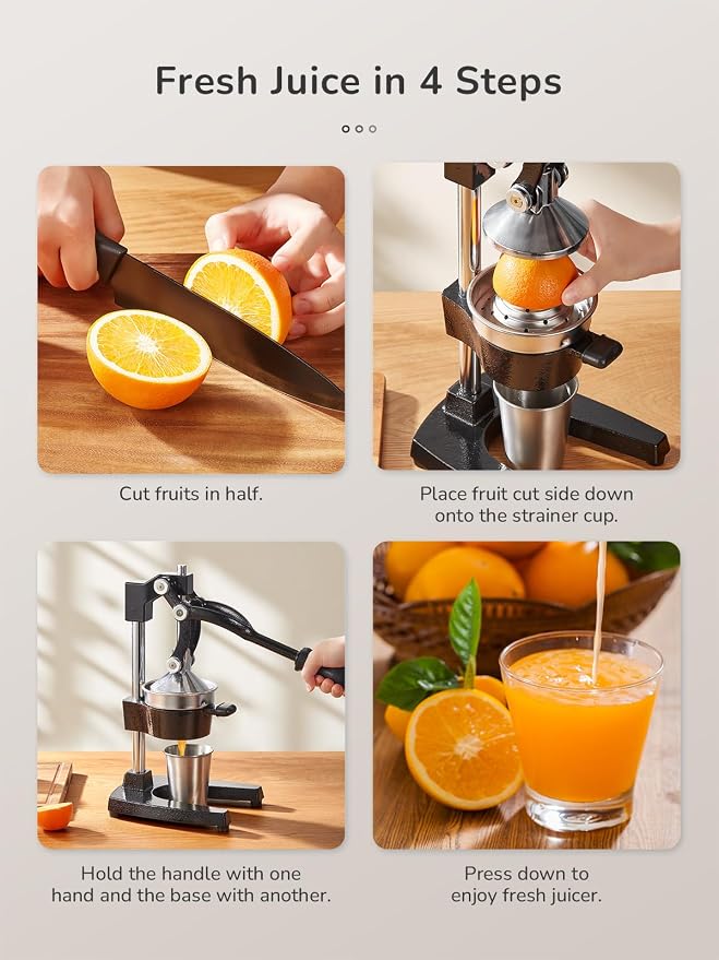 QCen Manual Citrus Juicer Cast Iron Heavy Duty Orange Press | Stainless Steel Strainer, Hand Squeezer, Easy To Clean, For Orange, Lemon, Lime And Grapefruit, Black - Image 6