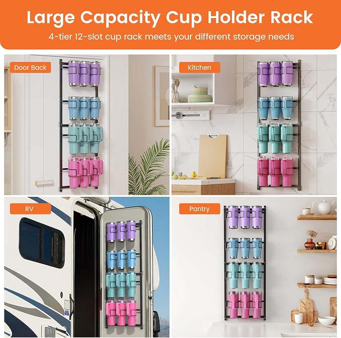 Housolution Water Bottle Tumbler Organizer Storage Holder Rack for Stanley | Upgrade Bottom Support Design for 10 to 40 oz Cup, Wall/Door Mounted, Compatible with Stanley and Other Brands - Image 8