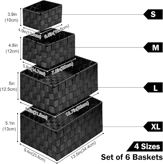 Storage Baskets with Lids: 6 Pack Stackable Woven Storage Bins, Black | Decorative Woven Baskets for Organizing with Built-In Handles for Shelves, Closets, Cabinets and Cubbies, Gift Small Basket - Image 2