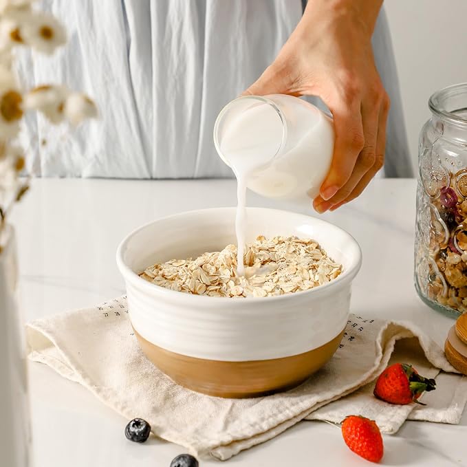 HASENSE Ceramic Cereal Bowls, 20 OZ Soup Bowls for Kitchen, White Bowls Dishwasher and Microwave Safe, Stackable Bowl Set for Pasta Oatmeal Rice Ice Cream, Colorblocked Design Dessert Bowls, Set of 6 - Image 4