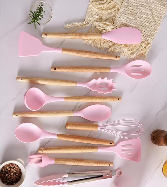 19 Piece Kitchenware Utensils and Knife Set- includes: 9 Piece Silicone Cooking Utensils- 5 Piece Sharp Stainless Steel Chef Knives- Scissors -Whisk Tongs and Cutting Board (Pink) - Image 4