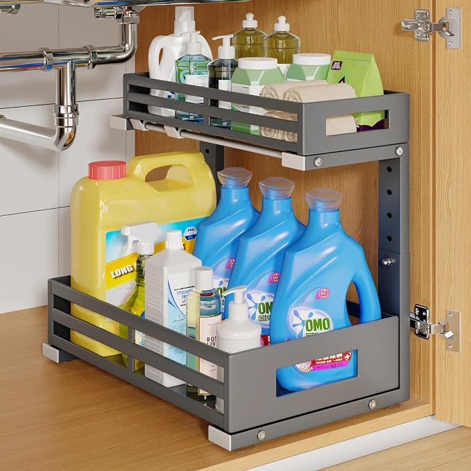 1-Pack Under Sink Organizers and Storage,2-Tier L Shape Pull Out Cabinet Organizer With Round Tube Slide Rails,Hight Adjustable Slide Out Drawers for Kitchen&Bathroom,Multi-Purpose Storage Shelf-Gray by UnderSinkOrganizer
