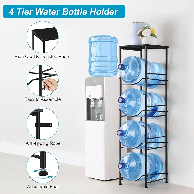 ETELI 5 Gallon Water Jug Holder 4 Tier Gallon Water Bottle Holder with Storage Shelves Water Cooler Jug Rack Stand for 5 Gallon Water Dispenser Organizer for Kitchen, Office, Living Room, Black - Image 3