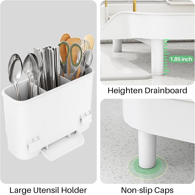 SAYZH Expandable Dish Drying Rack for Small Kitchen Counter, Gold | Stainless Steel, Protective Guardrail, Angled Drainboard, Fits High-Rim Sinks, Removable Utensil Holder - Image 7