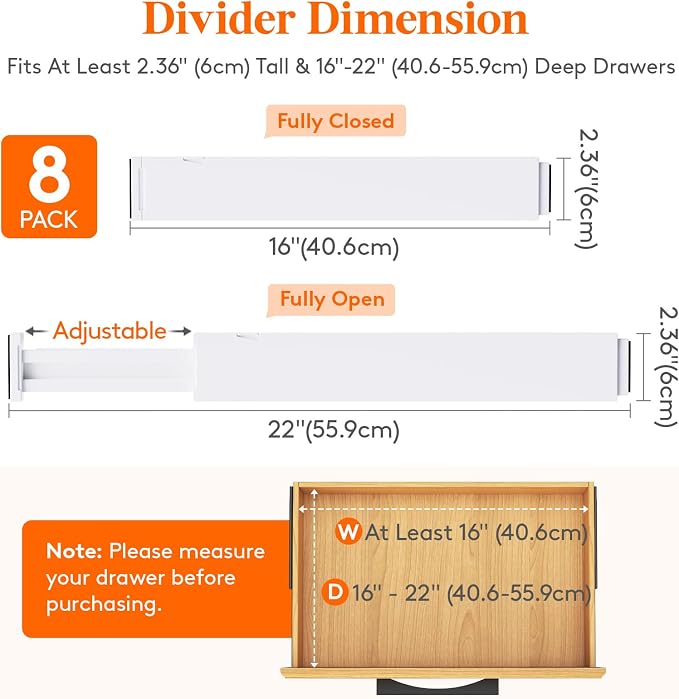 Lifewit 2.36" Upgrade Kitchen Drawer Dividers, Adjustable Drawer Organizer | 16"-22" Expandable White Drawer Separator for Clothes/Utensils, Dresser/Cabinet/Closet/Nursery Organization & Storage, 8 Pack - Image 3