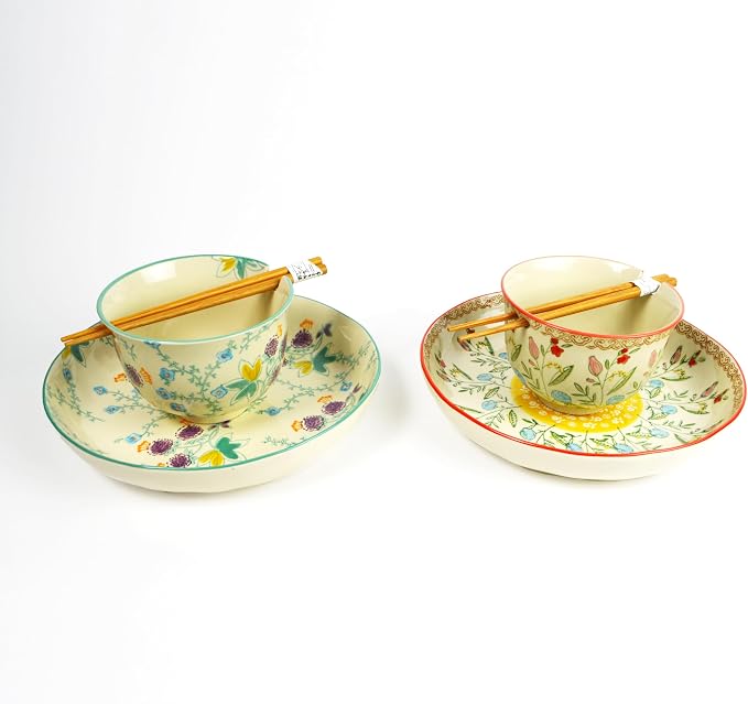 Ceramic Ramen Bowl Set | Ella Collection by Euro Ceramica | Salad Soup Ramen Bowl 2 Sizes Included with Chopsticks | Microwaveable Bowl for Ramen, Noodles, Pho, and Udon - Red Floral Design - Image 6