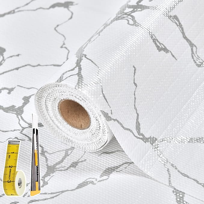 Drawer and Shelf Liner for Kitchen Cabinet: 12 in X 20 Ft Non Slip | Waterproof Shelf Paper Non Adhesive Refrigerator Liners Silver Marble Easy Liners for Bathroom with Knife Tape Measure by Kimhan