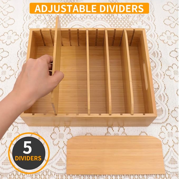 Bamboo Lid Holder Food Container, Kitchen Organizer with 5 Adjustable Dividers, Cabinet Organizer for Food, Kitchen Gadget, Container Lids (2pcs) - Image 4