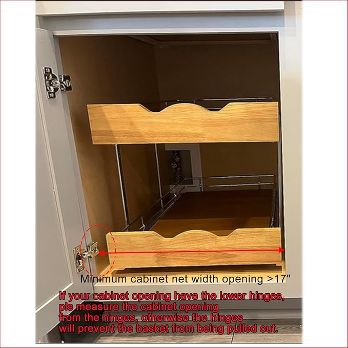 DINDON 2 Tier Pull Out Cabinet Organizer (17" W x 21" D) Slide Out Wood Shelf Double Tier Kitchen Wire Basket With Chrome Finish… - Image 3