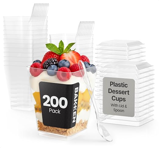 Plastic Dessert Cups with Lids and Spoons (200 Pack) – Single-Serve Parfait & Appetizer Cups, Spill-Resistant, Heavy-Duty Design, Ready-to-Use for Parties, Catering & Special Events BPA-Free by BAKK%C3%8BNMASTER