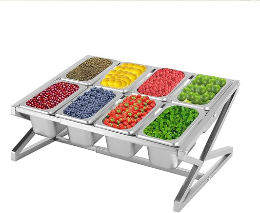 Expandable Stainless Steel Spice Rack Set ,13.98"-25.59" Adjustable Countertop Seasoning Containers, 2-Tier Inclined Organizer Shelf w/ 8 1/9 Pans for Sauce Ingredients Fruits Toppings (8 Pans) by Okasiki