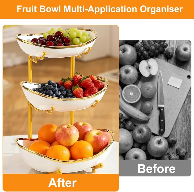 3 Tier Fruit Bowl for Kitchen Counter,Ceramic Bowl with Metal Stand,3 Tier Fruit Basket for Vegetable Bread Candy Snack Nuts Dessert Cake Tray (White Bowl Gold Rack) - Image 5