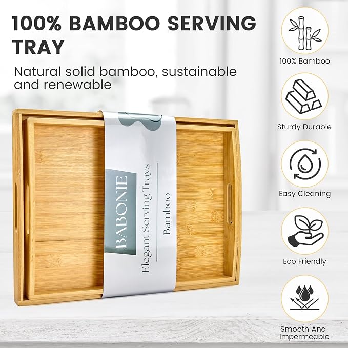 Bamboo Serving Tray Set of 2, Bamboo Trays with Handles | Decorative bamboo serving trays for serving, storage,kitchens, living rooms,bathrooms, outdoor dining 17" × 13" & 16" × 12" - Image 5