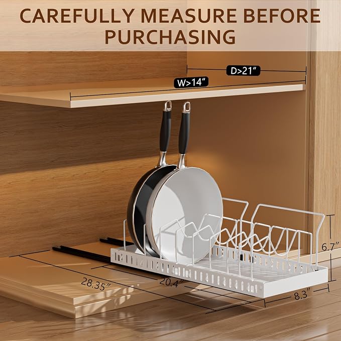 White Pull Out Pot Lid Organizer, Cabinet Pan Rack, 10 Dividers | 2-pack black carbon steel rack, 16 adjustable dividers, quiet slide rails, adhesive or screw mount for lids, pans, bakeware - Image 2
