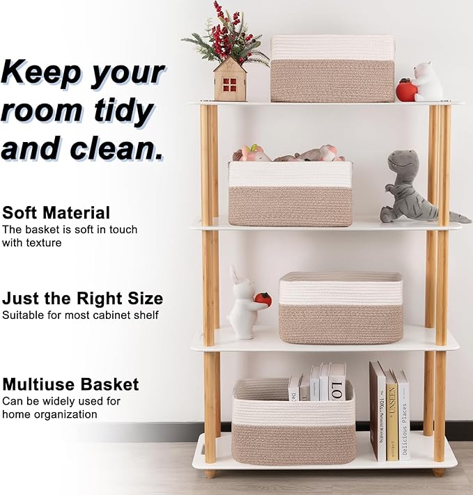 4 Pack Storage Baskets for Organizing, Woven Baskets for Shelves - Perfect for Toys, Books, Towels, and Clothes, Durable Gift Basket Bins Toy Storage, 15.7''Lx11.8''Wx7.8''H, Brown & White - Image 3