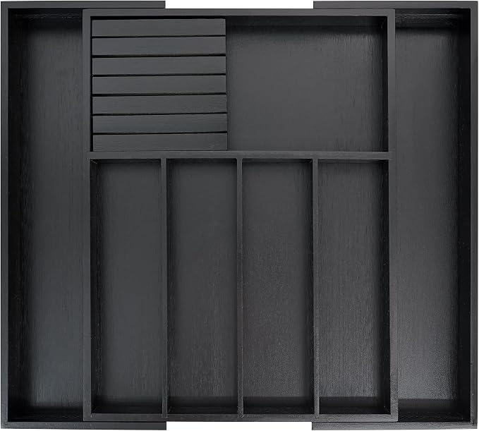 VaeFae Bamboo Silverware Drawer Organizer, 7 Slots, Black | Cutlery Tray with Removable Divider, Flatware Storage, 43 cm D x 32-55 cm W, 5-7 Slots, Black by VaeFaeDirect