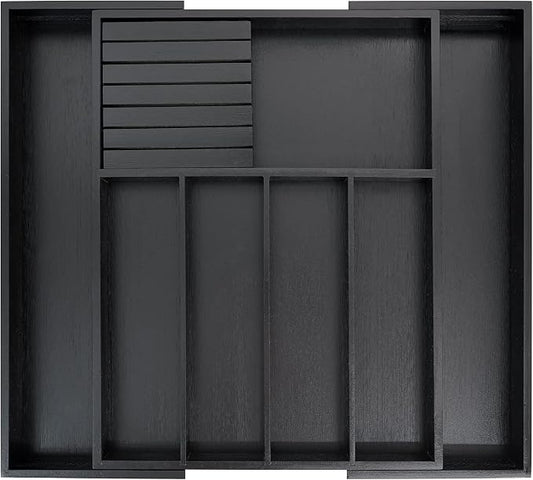 VaeFae Bamboo Silverware Drawer Organizer, 7 Slots, Black | Cutlery Tray with Removable Divider, Flatware Storage, 43 cm D x 32-55 cm W, 5-7 Slots, Black by VaeFaeDirect