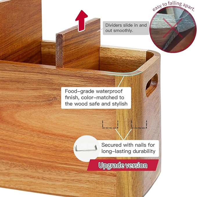 Wooden Kitchen Utensil Holder Organizer for Counter or Countertop, Large Wooden Utensil Holder for Storage Cooking and Silverware with 6 Compartment, Acacia Rustic Wood Container Extra Large - Image 6