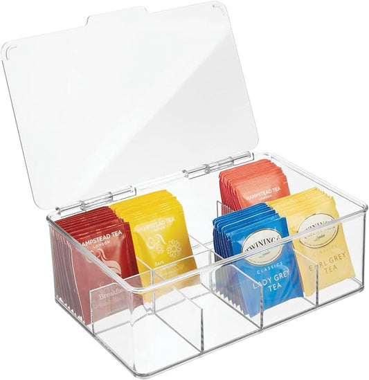 mDesign Tea Bag Single Serve Pouch Divided Box Holder Organizer, Clear by mDesign