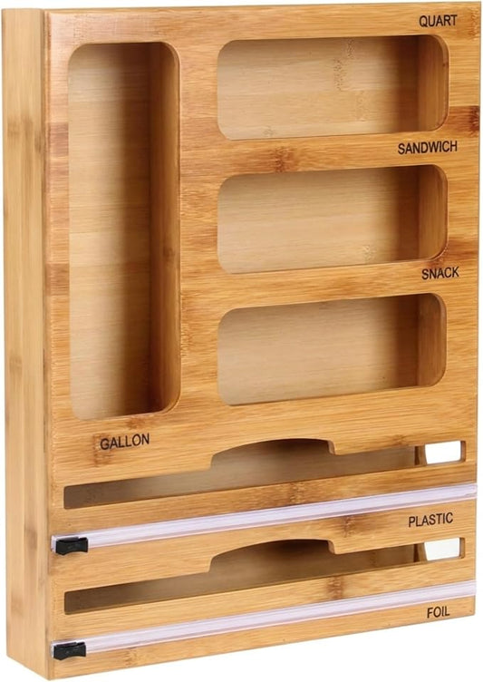 Bag Storage Organizer for Kitchen Drawer and Plastic Wrap Dispenser with Cutter, 6 In 1 Large Capacity Bamboo Foil and Plastic Bag Food Baggie Organizer for Snack, Sandwich, Gallon, Quart by CRYSTALVIVID