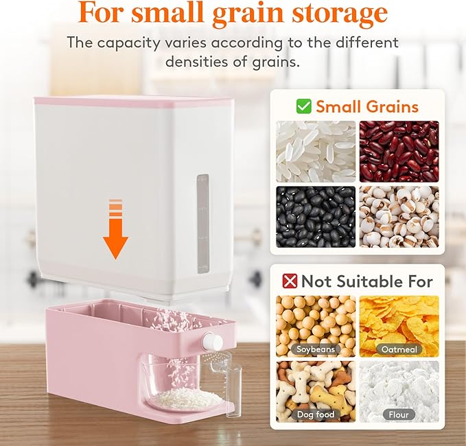 Lifewit Rice Dispenser 25 Lbs, Airtight Storage with Cup, 2 Pack Pink | BPA-Free 11.3kg Capacity Storage Container for Beans, Corn & Other Small Grains, One-Press Dispensing Bin for Kitchen Pantry - Image 6