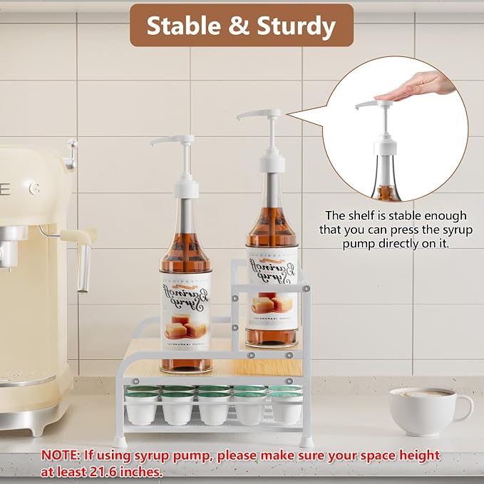 Coffee Syrup Rack Organizer, 3-Tier with 35 K-Cup Pod Holder Drawer | White Metal Rack for 8 Syrup Bottles,Countertop Bottle Holder Stand for Wine,Space-Saving Design for Kitchen Cafe Station - Image 4
