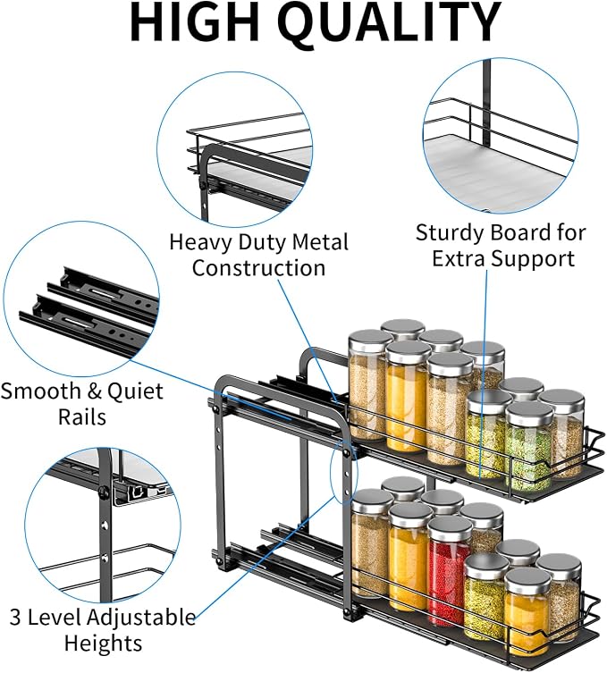 RCHYFEED 2 Tier Pull Out Spice Rack for Inside Cabinets,5.5" Wx10.5 Dx9.5 H | Height Adjustable Spice Cabinet Organizer Heavy Duty Metal Pull Out Spice Rack Vertical Spice Shelf for Cabinets & Pantry - Image 5