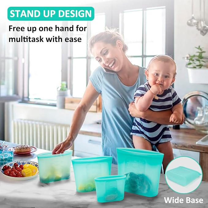 Reusable Storage Bag, 8 Pack 100% Silicone Food Storage Bags Stand Up Zip Lock Bags for Food Container, Freezer Microwave Oven Dishwasher Safe, 2 X-Large(0.8 Gallon) 2 Medium 2 Small 2 X-Small, Aqua - Image 4