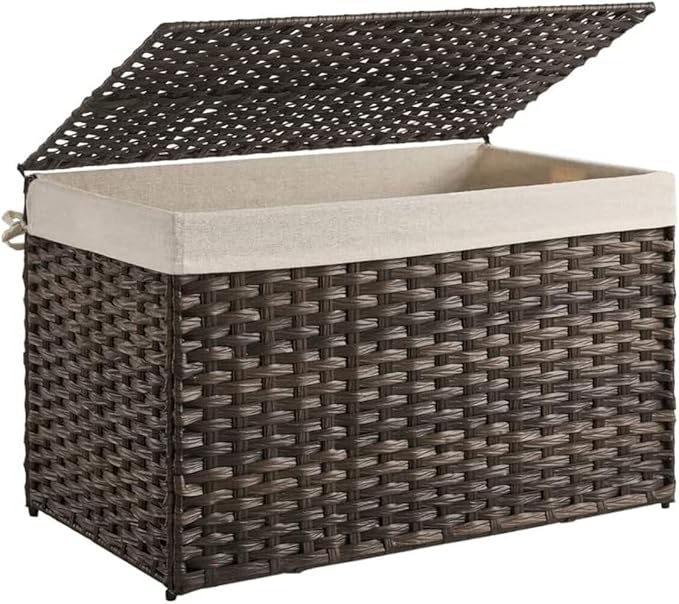 SONGMICS Storage Basket with Lid, Woven Blanket Storage Bin with Handles, Foldable, Removable Liner, Metal Frame, for Bedroom, Laundry Room, 42.3 Gallons (160 L), Brown URST76BR by Unknown