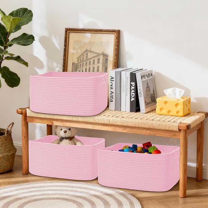 4 Pack Large Storage Basket for Organizing, 17.5"x13"x7" Woven Basket for Shelves, Closet Cube Storage Bins with Wrapped Handle, Cotton Rope Baskets for Kitchen, Clothes, Toys(Light Pink) - Image 7