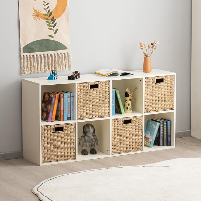 Handwoven Paper Woven Cube Basket Organizer with Handles set of 4 Foldable Storage baskets for Bedroom Living Room Cubby Storage Units for Clothes Books Toys (Natural, 13" L x 13" W x 13" H) - Image 5