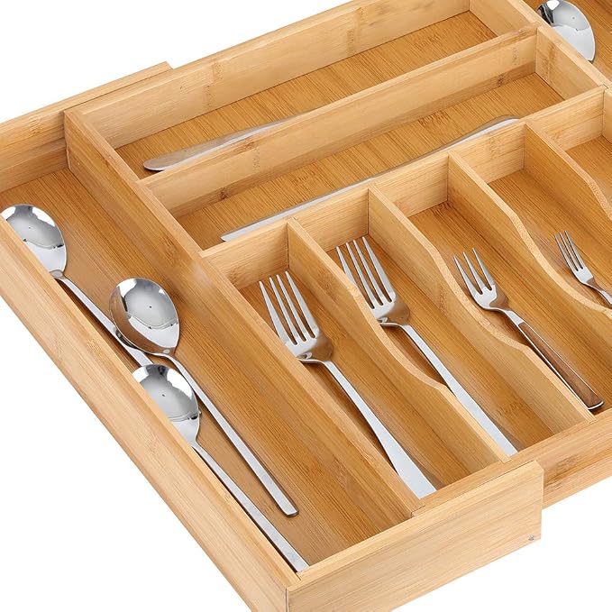 Aikang Bamboo Kitchen Drawer Organizer - Expandable Silverware Organizer/Utensil Holder and Cutlery Tray with Grooved Drawer Dividers for Flatware and Kitchen Utensils (Natural) - Image 6