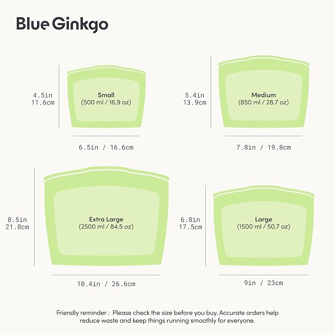 Blue Ginkgo Silicone Food Storage Bags, 4-Pack, Reusable, Made in Korea | Leakproof. Stand Up. Freezer and Dishwasher Safe. (Olive Green) - Image 3