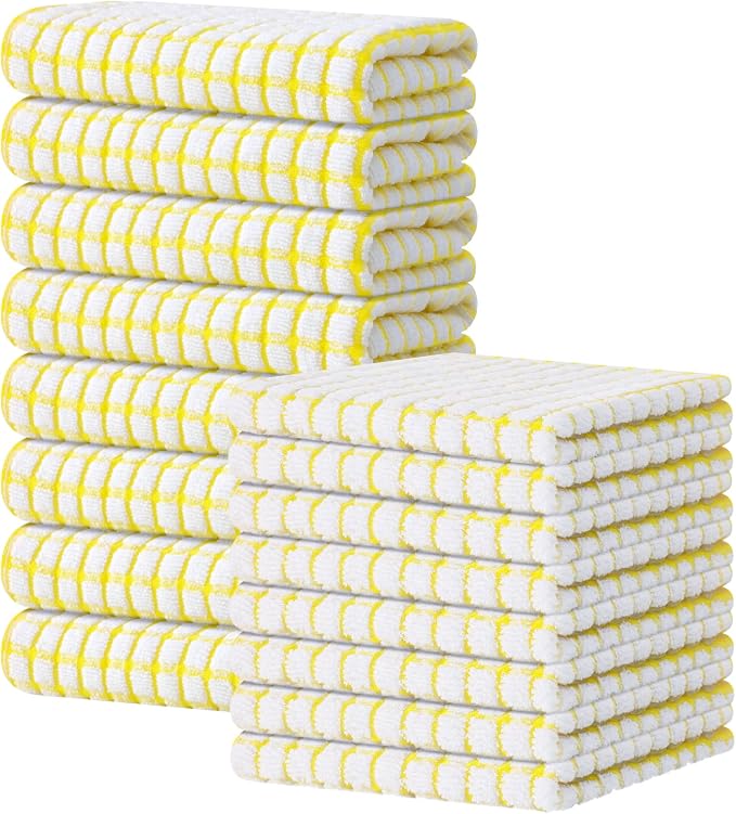 Kitinjoy Cotton 16 Pack Kitchen Towels and Dishcloths Sets, Yellow | 16 x 25 Inch & 12 X 12 Inch Dish Towels Bulk, Super Soft and Absorbent hand towels for kitchen Drying by Kitinjoy