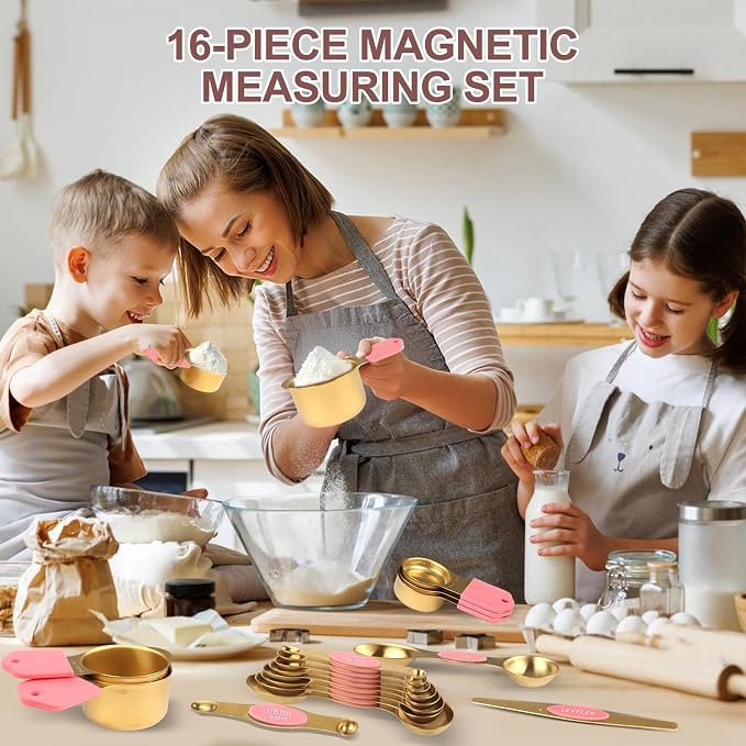 16-Piece Magnetic Measuring Cups & Spoons Set, Stainless Steel, Pink & Gold | 7 Silicone-Grip Cups, 8 Metal Spoons, 1 Leveler, US and Metric Marks for Dry & Liquid Ingredients, Kitchen Essentials Gadgets - Image 7