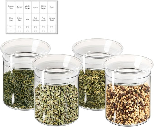 ZENS 10oz Glass Jars with Airtight Lid, 4 Pack Glass Kitchen Canisters Set for Spice, Loose Tea, Small Clear Glass Storage Jars with Labels for Herbs, Sugar | Borosilicate Clear Glass Canisters Set for Spice, Small Tea Jars for loose Tea with Labels fo... by ZENSLIFESTYLE