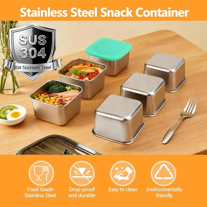 Stainless Steel Snack Box Containers - 8 Pack 6oz Reusable Small Snack Containers with Silicone Lids, 304 Metal Stackable Food Storage Cups, Salad Dressing Dipping Sauce for Travel, Picnic - Image 2