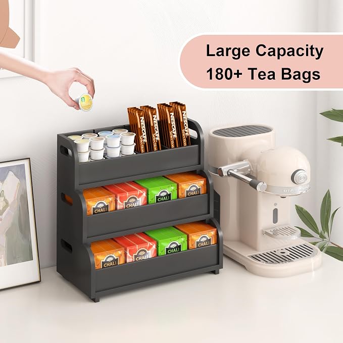 3-Tier Bamboo Tea Bag Organizer, Stackable Tea Holder for Countertop, Black | Tea Box Rack with Removable Dividers, Wall Mount Large Capacity for Pantry Drawer Cabinet Kitchen Office Coffee Station - Image 4