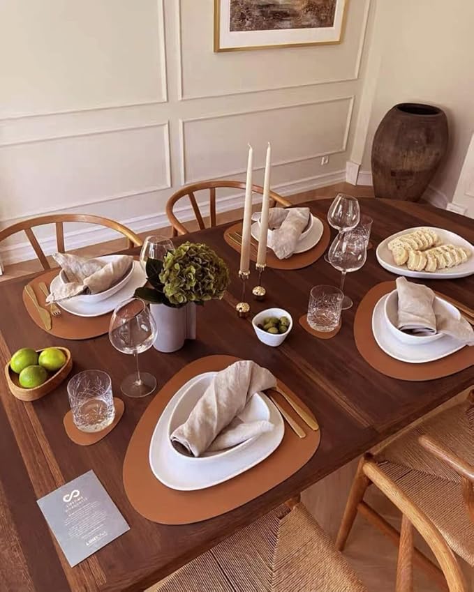 Faux Leather Placemats Set of 8, Wipeable & Washable Table Mats | Waterproof, Heat-Resistant & Easy to Clean Round Place Mats for Dining & Kitchen, 17''x13'', Brown - Image 5
