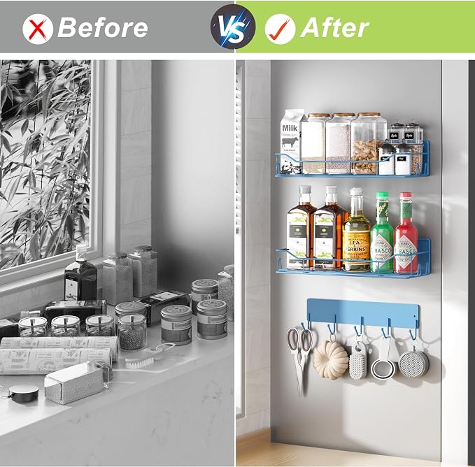 Magnetic Spice Rack for Refrigerator, 3 Pack Metal Magnet Spice Organizer Shelf with Hook Rack, Magnetic Fridge Shelves for Kitchen Organization and Storage, Seasoning Organizer Gadgets (Blue) - Image 7
