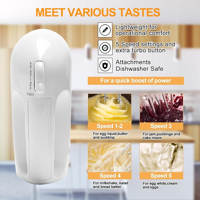 WEPSEN 5-Speed Electric Hand Mixer, 4 Large Mixing Bowls Set, Handheld Mixers with Whisks Beater, Stainless Steel Metal Nesting Bowl Measuring Cups Spoons Kitchen Cake Blender for Baking Supplies - Image 5