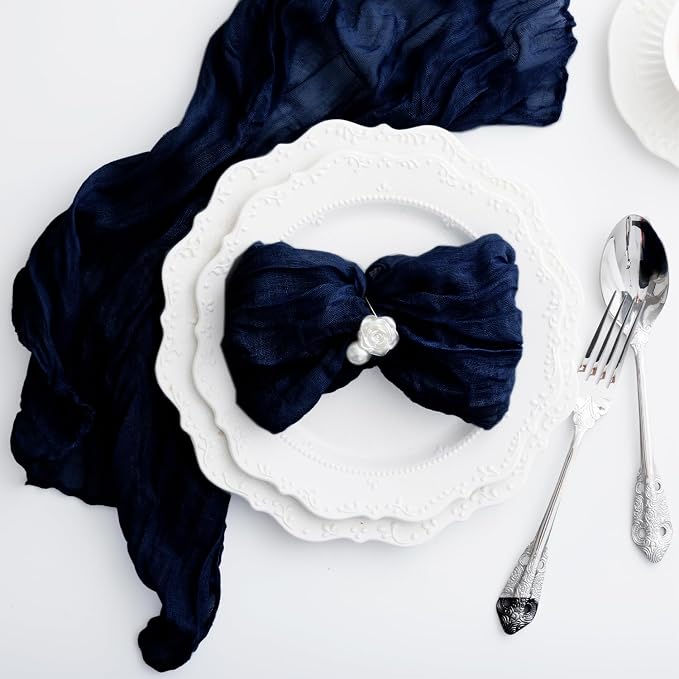 60 Pack Navy Blue Cheesecloth Napkins Washable Set of 60 Navy Blue Cloth Napkins 21x21 Inches Rustic Boho Cotton Gauze Dinner Table Napkins for Wedding Bridal Baby Shower Summer Party Table Decor - Image 4