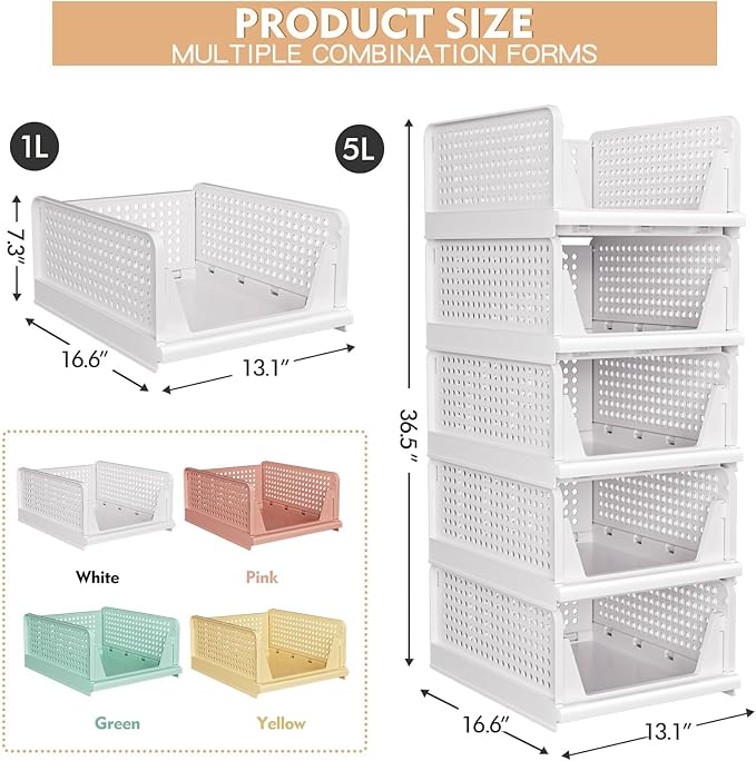 5 Pack Stackable Closet Storage Basket - Stackable Storage Bins | Multifunctional & Foldable Closet Organizer Waterproof, Wardrobe Cupboard Space-Saving Storage Drawer Organizer - Image 3